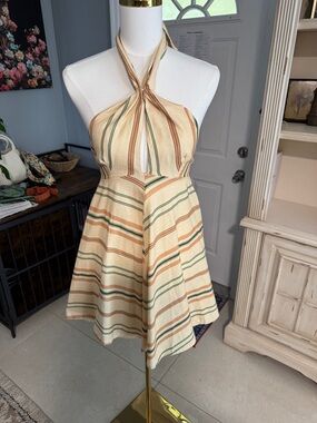 Zara Cream Halter Mini Dress with Green & Rust Stripes
